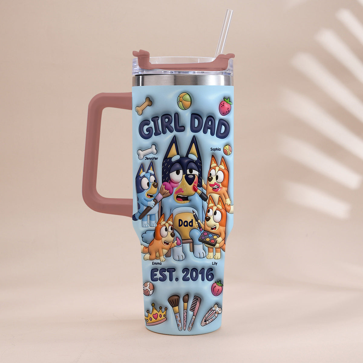 Custom Cartoon Dad - Personalized Blue Dog Tumbler With Handle