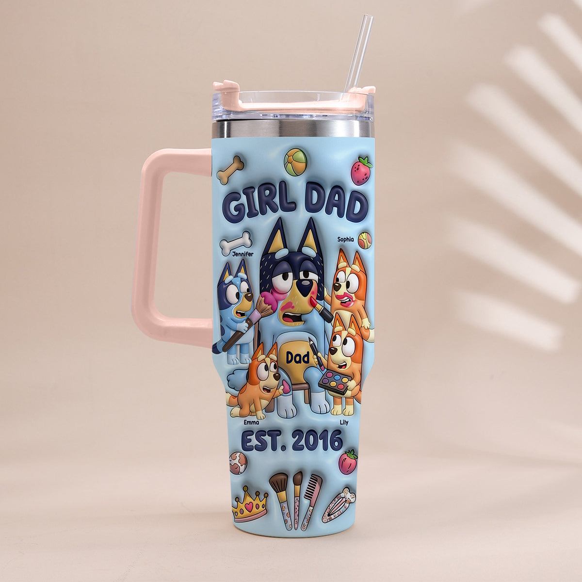 Custom Cartoon Dad - Personalized Blue Dog Tumbler With Handle
