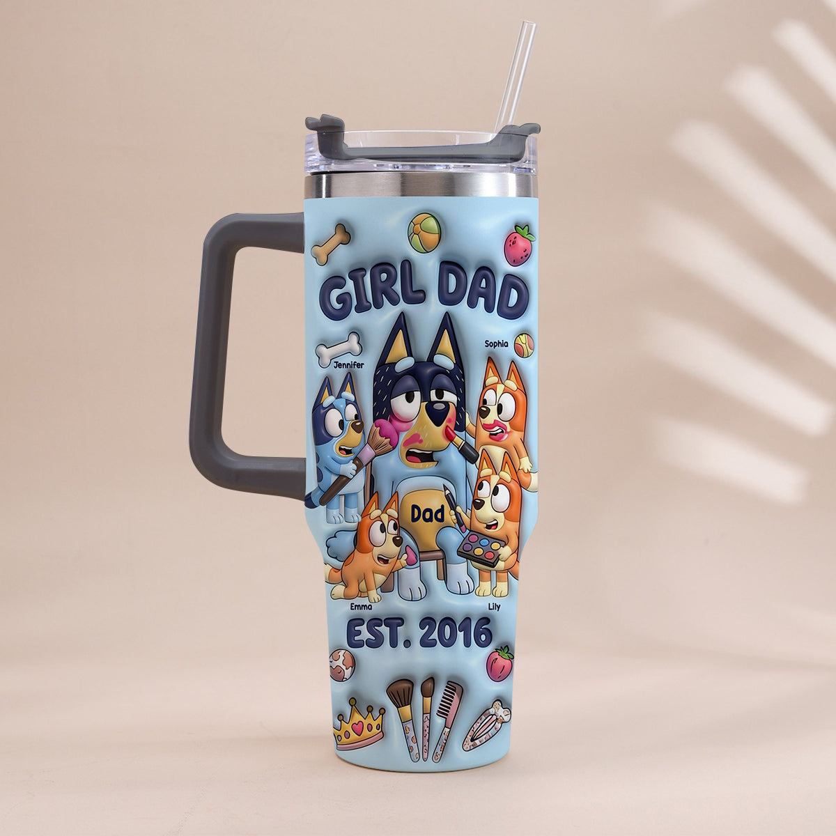 Custom Cartoon Dad - Personalized Blue Dog Tumbler With Handle