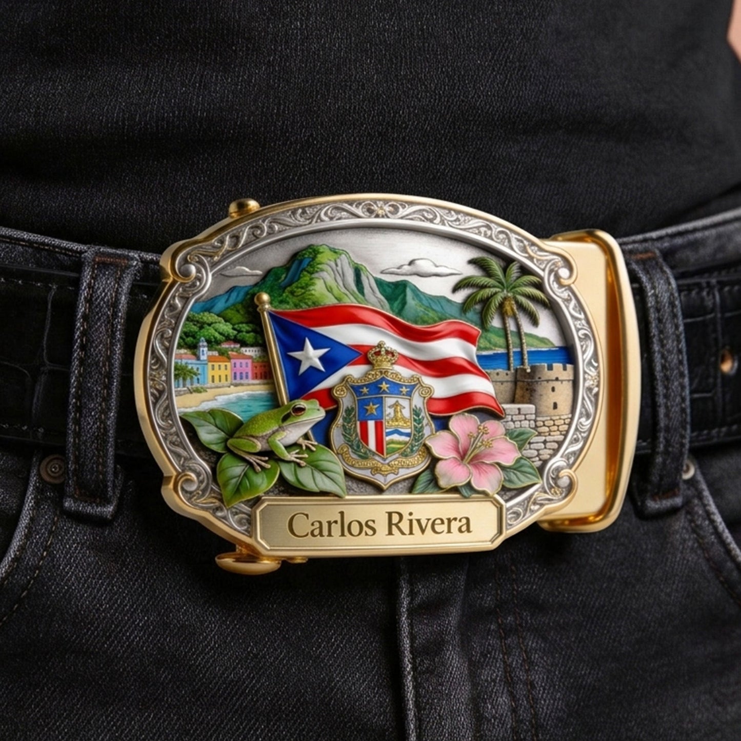 Proud Puerto Rican - Personalized Expats Leather Belt With Shaped Buckle