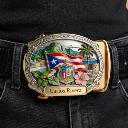 Proud Puerto Rican - Personalized Expats Leather Belt With Shaped Buckle