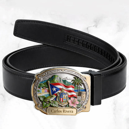 Proud Puerto Rican - Personalized Expats Leather Belt With Shaped Buckle