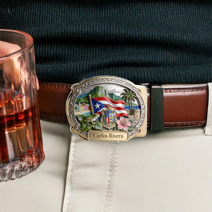 Proud Puerto Rican - Personalized Expats Leather Belt With Shaped Buckle