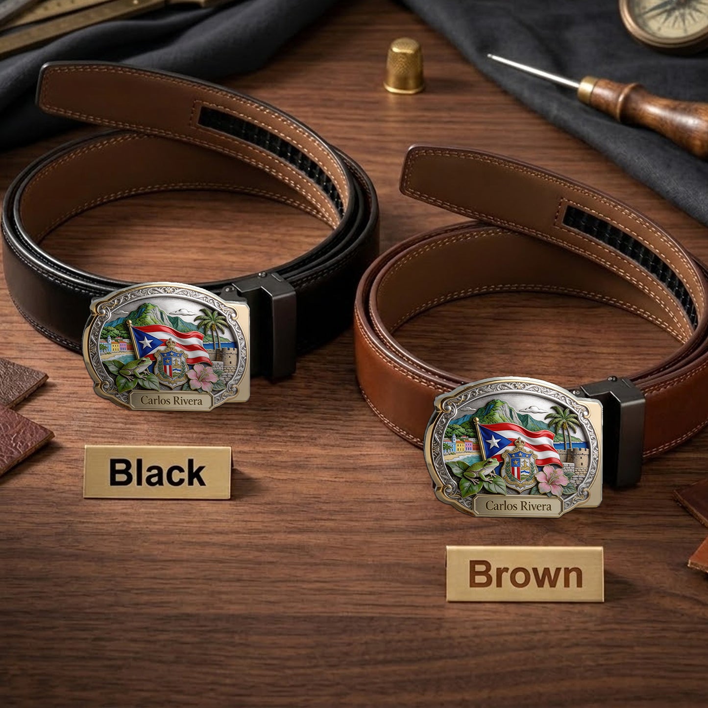 Proud Puerto Rican - Personalized Expats Leather Belt With Shaped Buckle