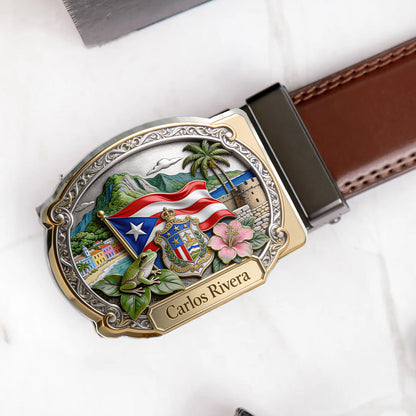 Proud Puerto Rican - Personalized Expats Leather Belt With Shaped Buckle