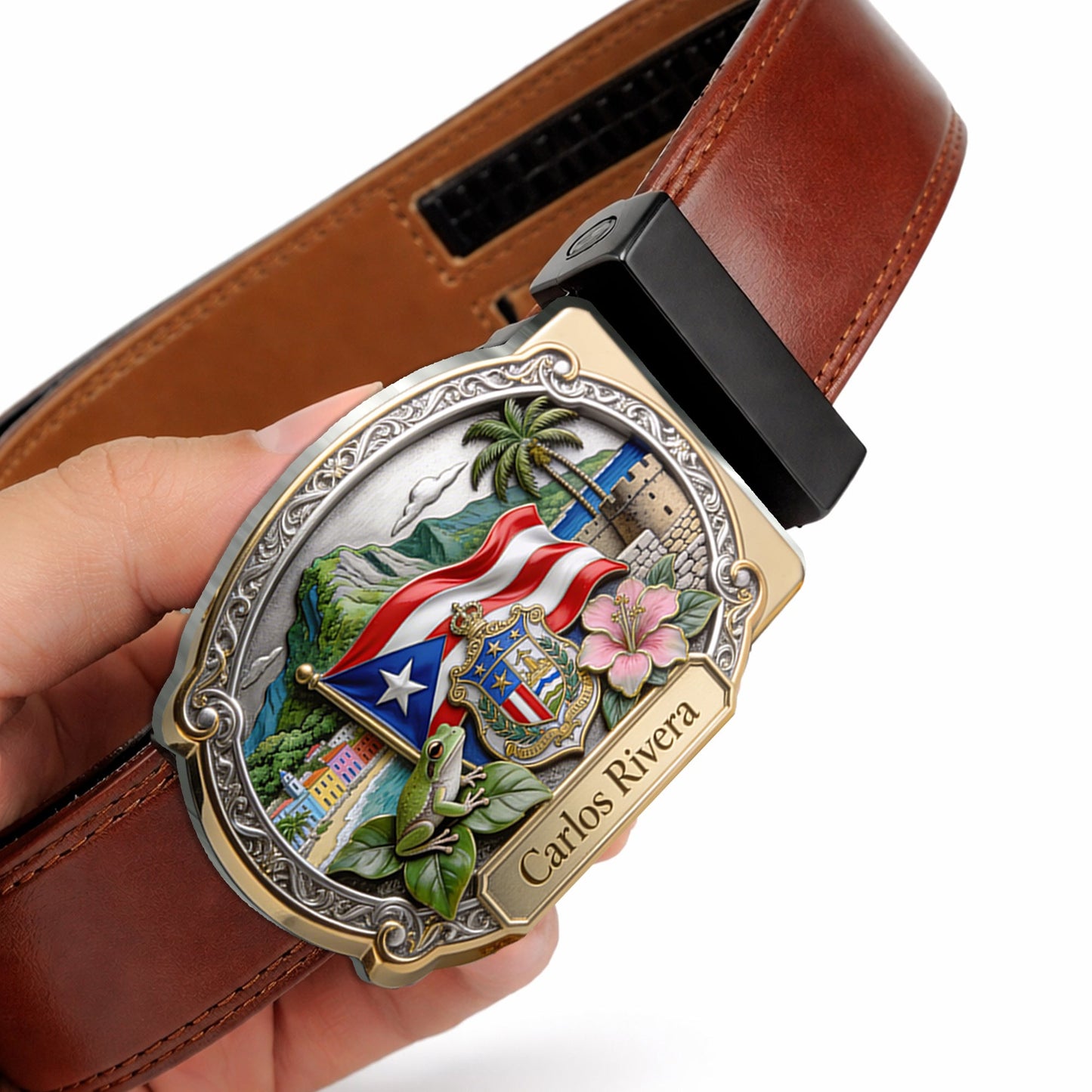 Proud Puerto Rican - Personalized Expats Leather Belt With Shaped Buckle