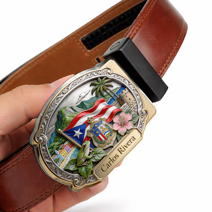 Proud Puerto Rican - Personalized Expats Leather Belt With Shaped Buckle