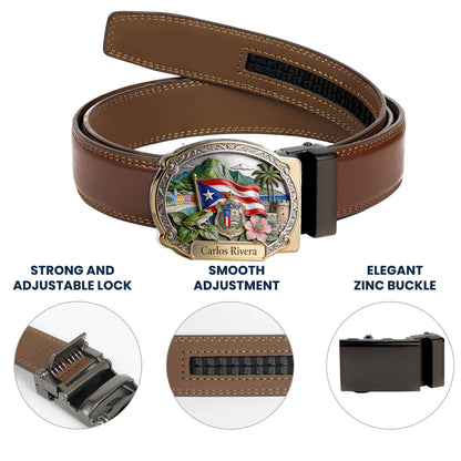 Proud Puerto Rican - Personalized Expats Leather Belt With Shaped Buckle