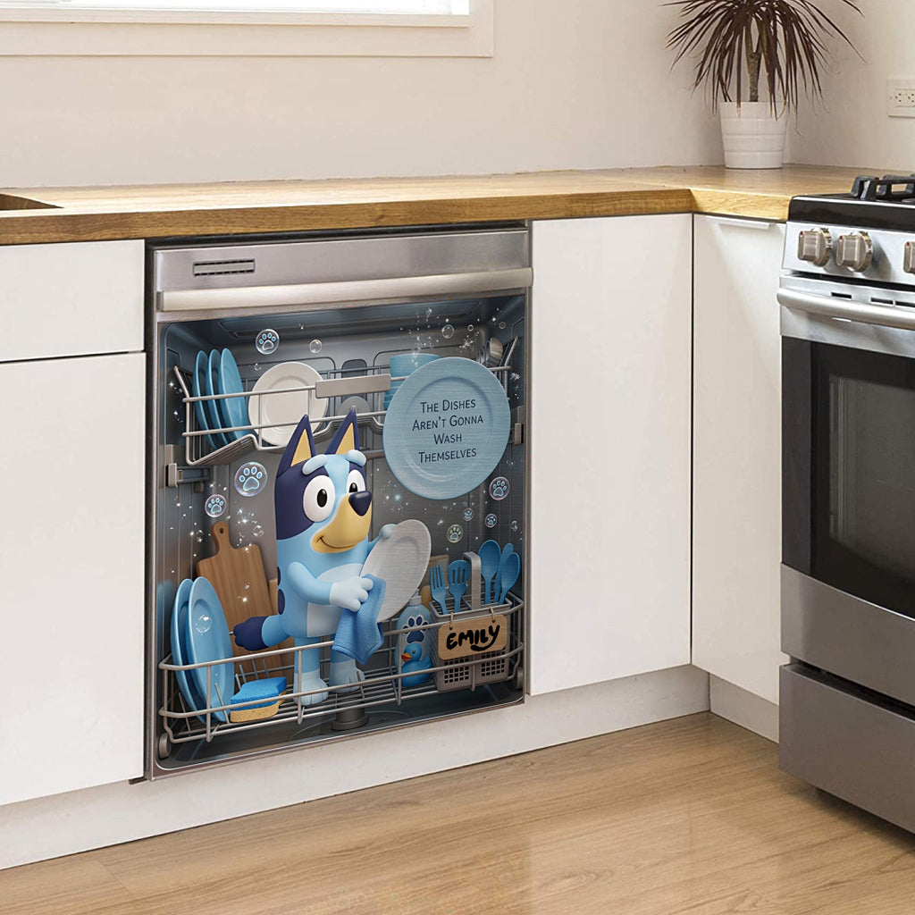 Funny Blue Puppy Wash Dishes - Personalized Blue Dog Dishwasher Cover