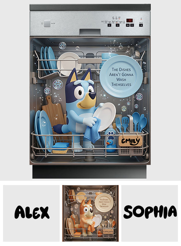 Funny Blue Puppy Wash Dishes - Personalized Blue Dog Dishwasher Cover