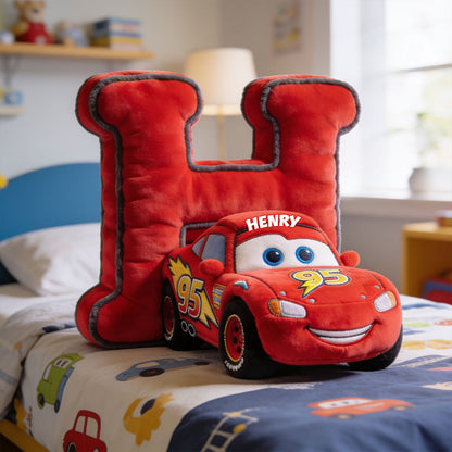 Alphabet Letter Kid Loves Cars - Personalized Racing Lover Premium Faux Fur Pillow