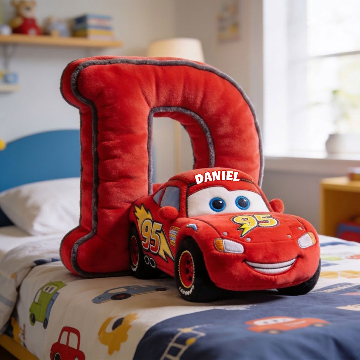 Alphabet Letter Kid Loves Cars - Personalized Racing Lover Premium Faux Fur Pillow