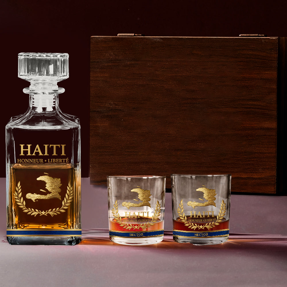 Haiti Coat Of Arms - Personalized Expats Whiskey Decanter Set