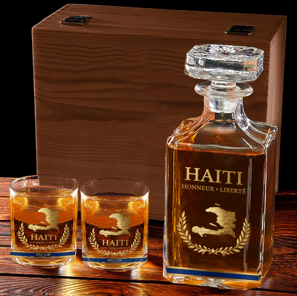 Haiti Coat Of Arms - Personalized Expats Whiskey Decanter Set