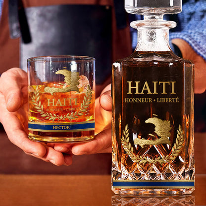 Haiti Coat Of Arms - Personalized Expats Whiskey Decanter Set