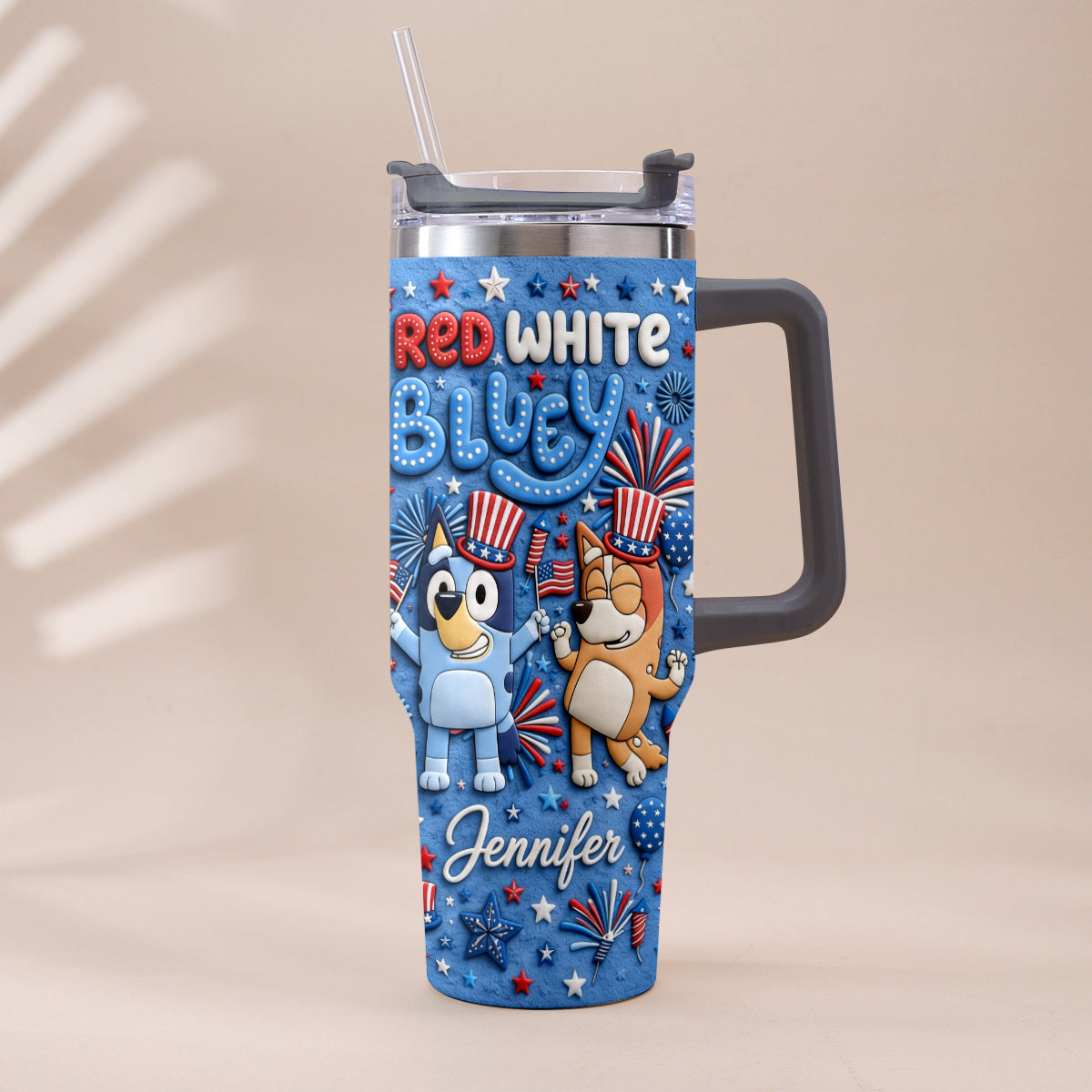 Happy 4th Of July - Personalized Bluey Tumbler With Plush Charm