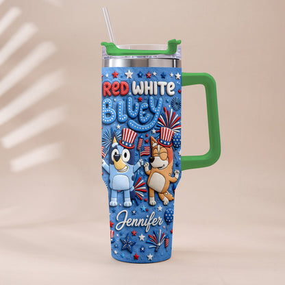 Happy 4th Of July - Personalized Bluey Tumbler With Plush Charm