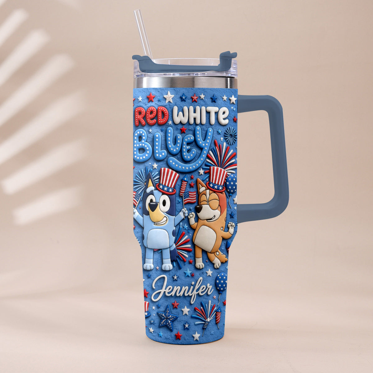 Happy 4th Of July - Personalized Bluey Tumbler With Plush Charm