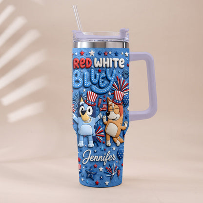 Happy 4th Of July - Personalized Bluey Tumbler With Plush Charm