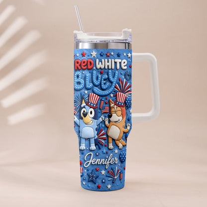 Happy 4th Of July - Personalized Bluey Tumbler With Plush Charm
