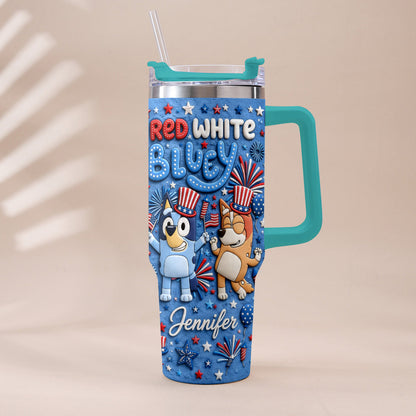 Happy 4th Of July - Personalized Bluey Tumbler With Plush Charm
