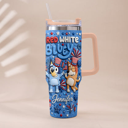 Happy 4th Of July - Personalized Bluey Tumbler With Plush Charm
