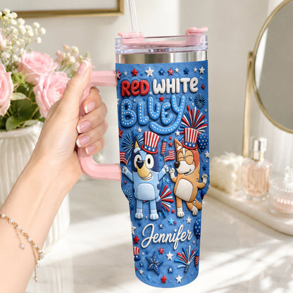 Happy 4th Of July - Personalized Bluey Tumbler With Plush Charm