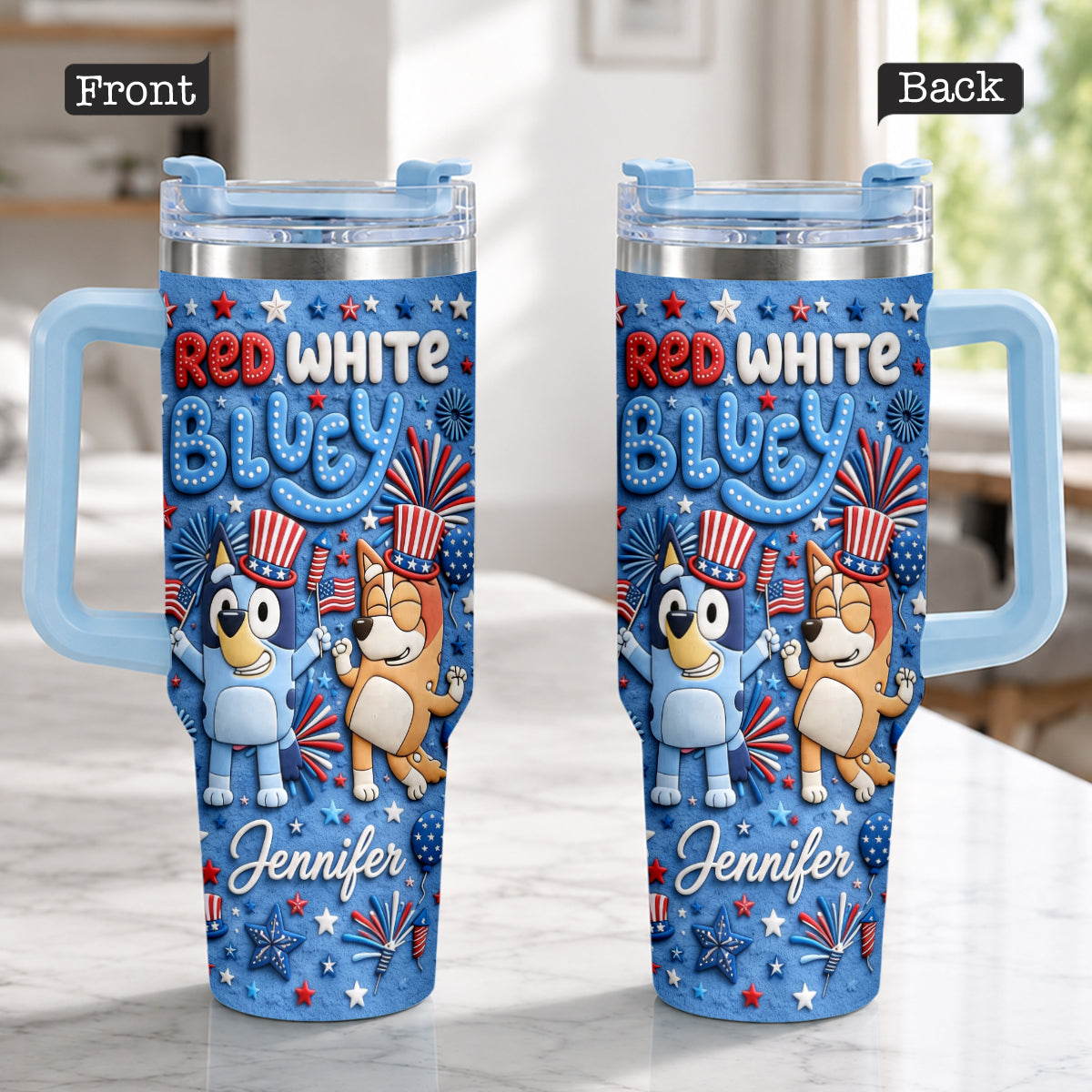 Happy 4th Of July - Personalized Bluey Tumbler With Plush Charm