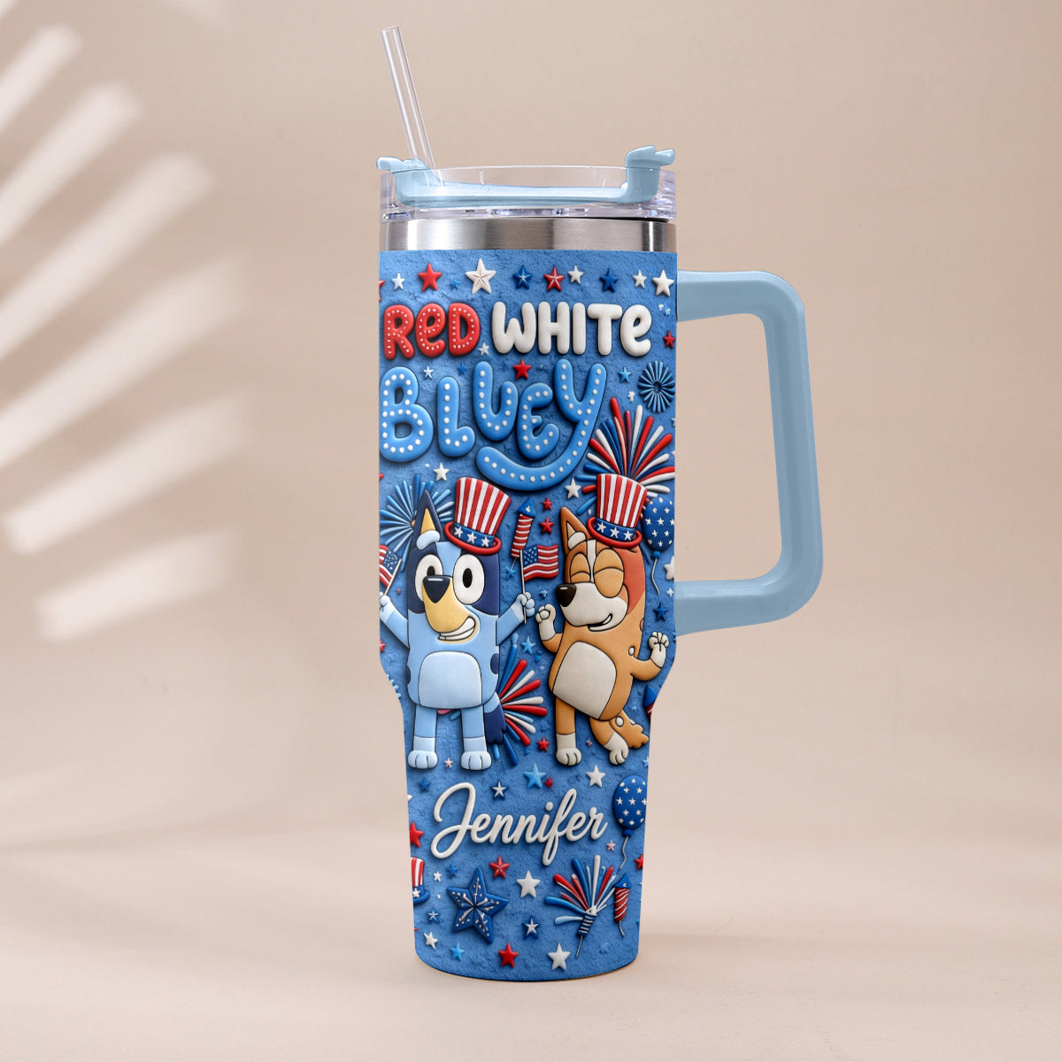 Happy 4th Of July - Personalized Bluey Tumbler With Plush Charm