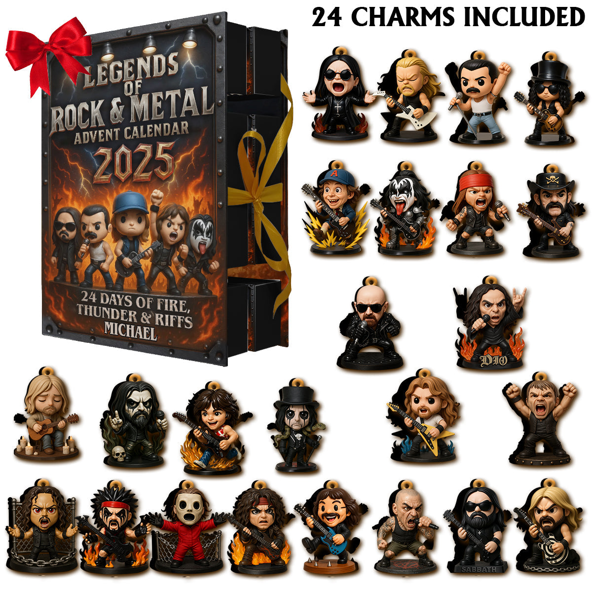 Fire Thunder & Riffs - Personalized Rock And Roll Folded Advent Calendar With Ornaments