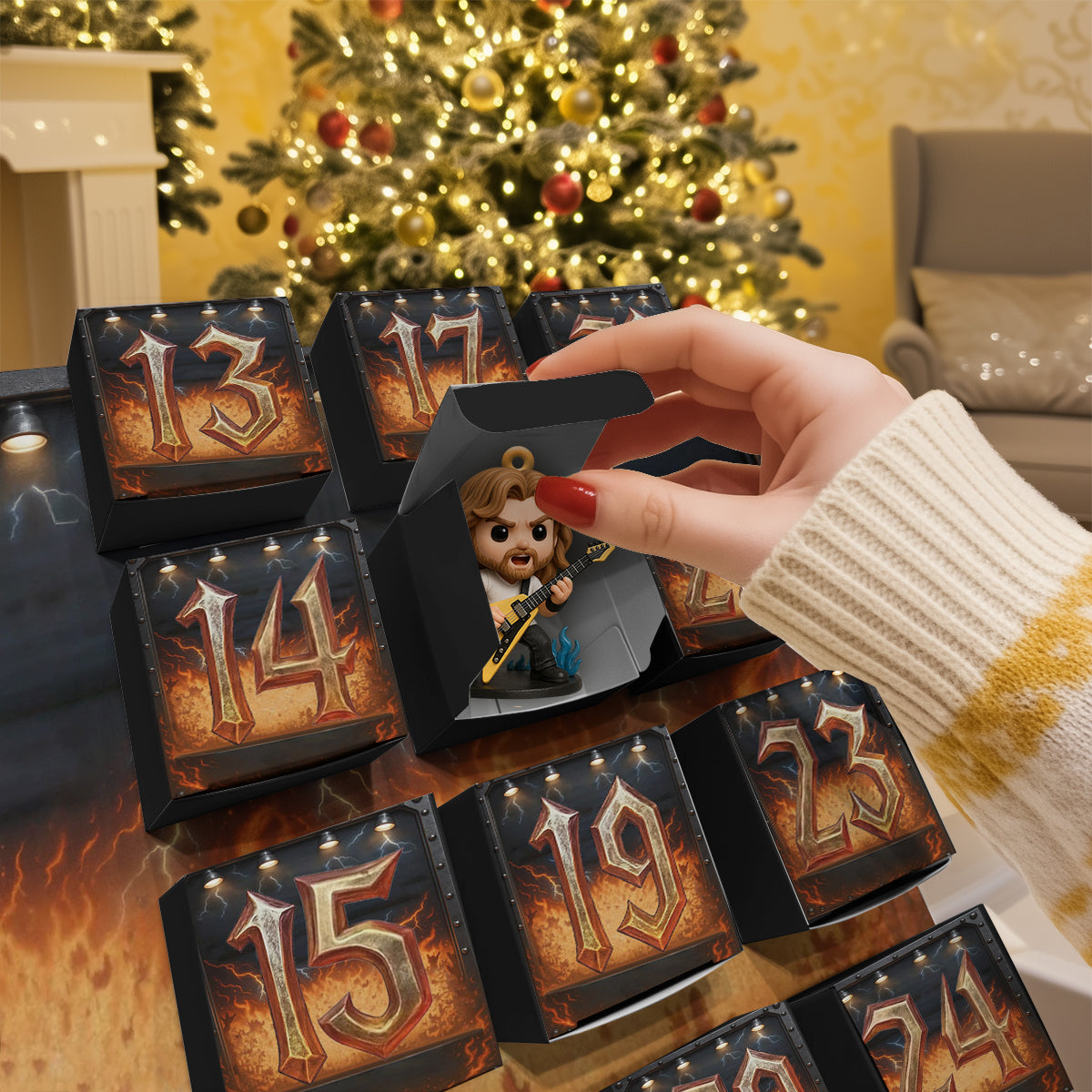 Fire Thunder & Riffs - Personalized Rock And Roll Folded Advent Calendar With Ornaments