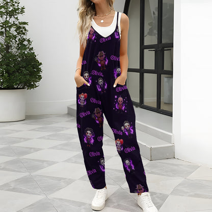 Scary Halloween Sleeveless Jumpsuit with Pockets - Personalized Horror Character Loose-Fit Overalls/ Rompers