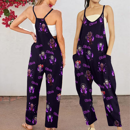 Scary Halloween Sleeveless Jumpsuit with Pockets - Personalized Horror Character Loose-Fit Overalls/ Rompers