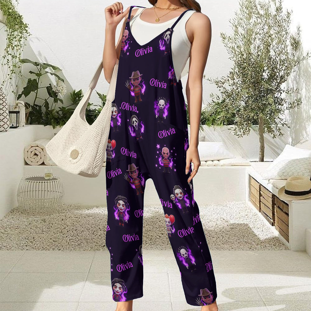 Scary Halloween Sleeveless Jumpsuit with Pockets - Personalized Horror Character Loose-Fit Overalls/ Rompers
