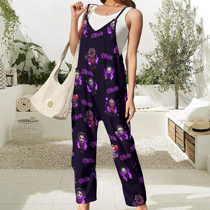 Scary Halloween Sleeveless Jumpsuit with Pockets - Personalized Horror Character Loose-Fit Overalls/ Rompers