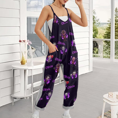 Scary Halloween Sleeveless Jumpsuit with Pockets - Personalized Horror Character Loose-Fit Overalls/ Rompers
