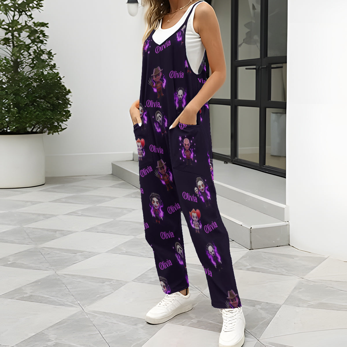 Scary Halloween Sleeveless Jumpsuit with Pockets - Personalized Horror Character Loose-Fit Overalls/ Rompers