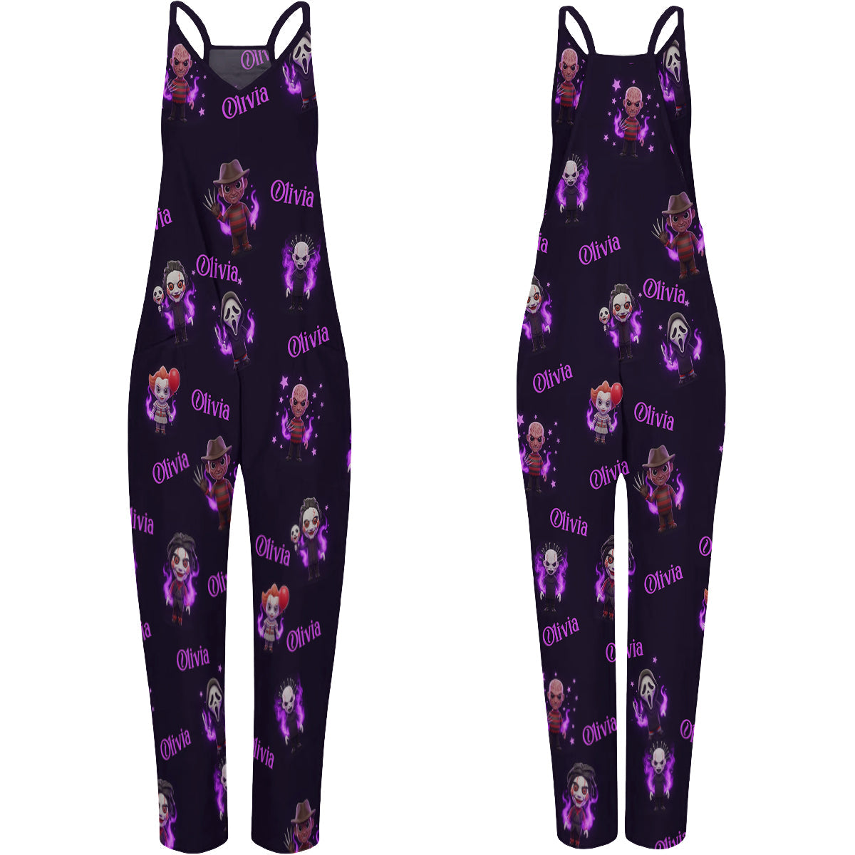 Scary Halloween Sleeveless Jumpsuit with Pockets - Personalized Horror Character Loose-Fit Overalls/ Rompers