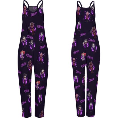 Scary Halloween Sleeveless Jumpsuit with Pockets - Personalized Horror Character Loose-Fit Overalls/ Rompers