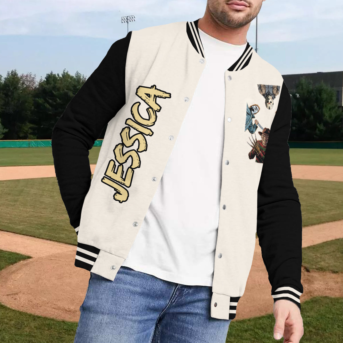 Come With Me ... If You Dare - Personalized Horror Character Varsity Jacket