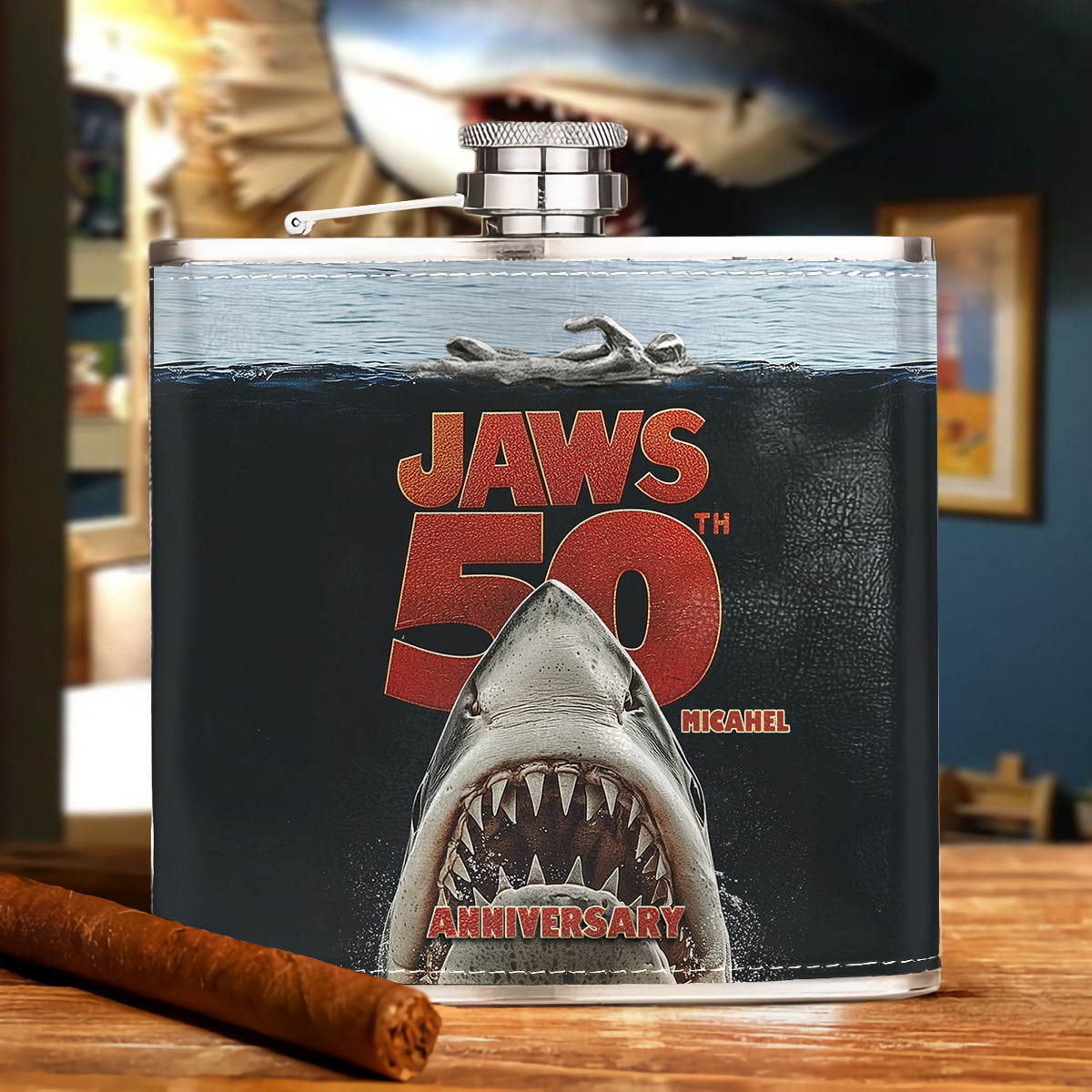 50th Anniversary Scary Shark - Personalized Hip Flask