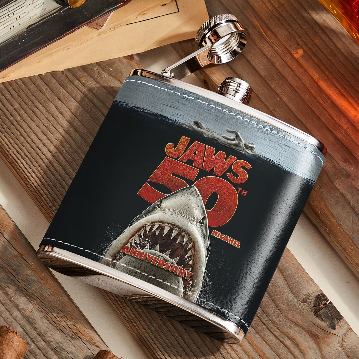 50th Anniversary Scary Shark - Personalized Hip Flask