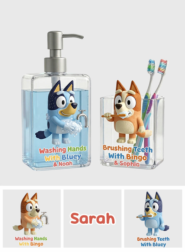 Bathroom Blue Puppy Set Soap Dispenser & Toothbrush Holder - Personalized Bluey Acrylic Pot & Pump Dispenser