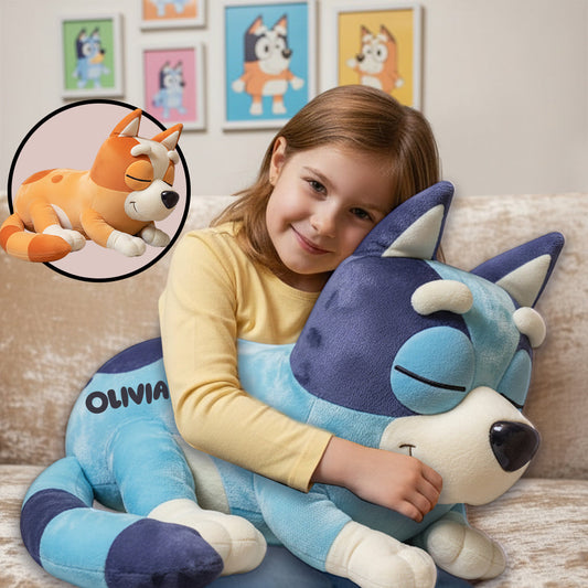 Cute Puppy Sleeping - Personalized Blue Dog Shaped Pillow