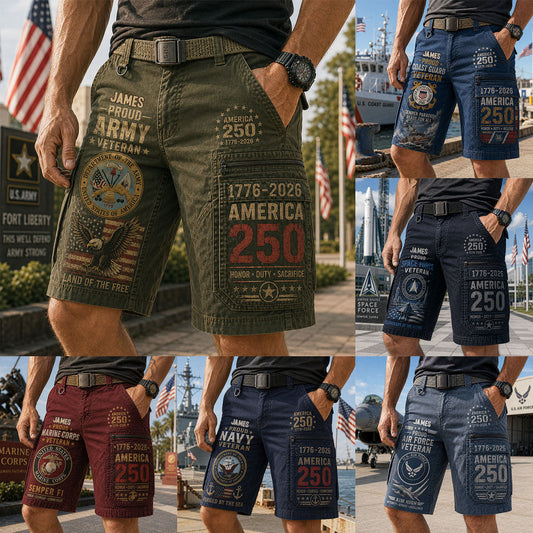 Veteran Proud, 250th Anniversary - Personalized Veteran Cargo Shorts With Belt