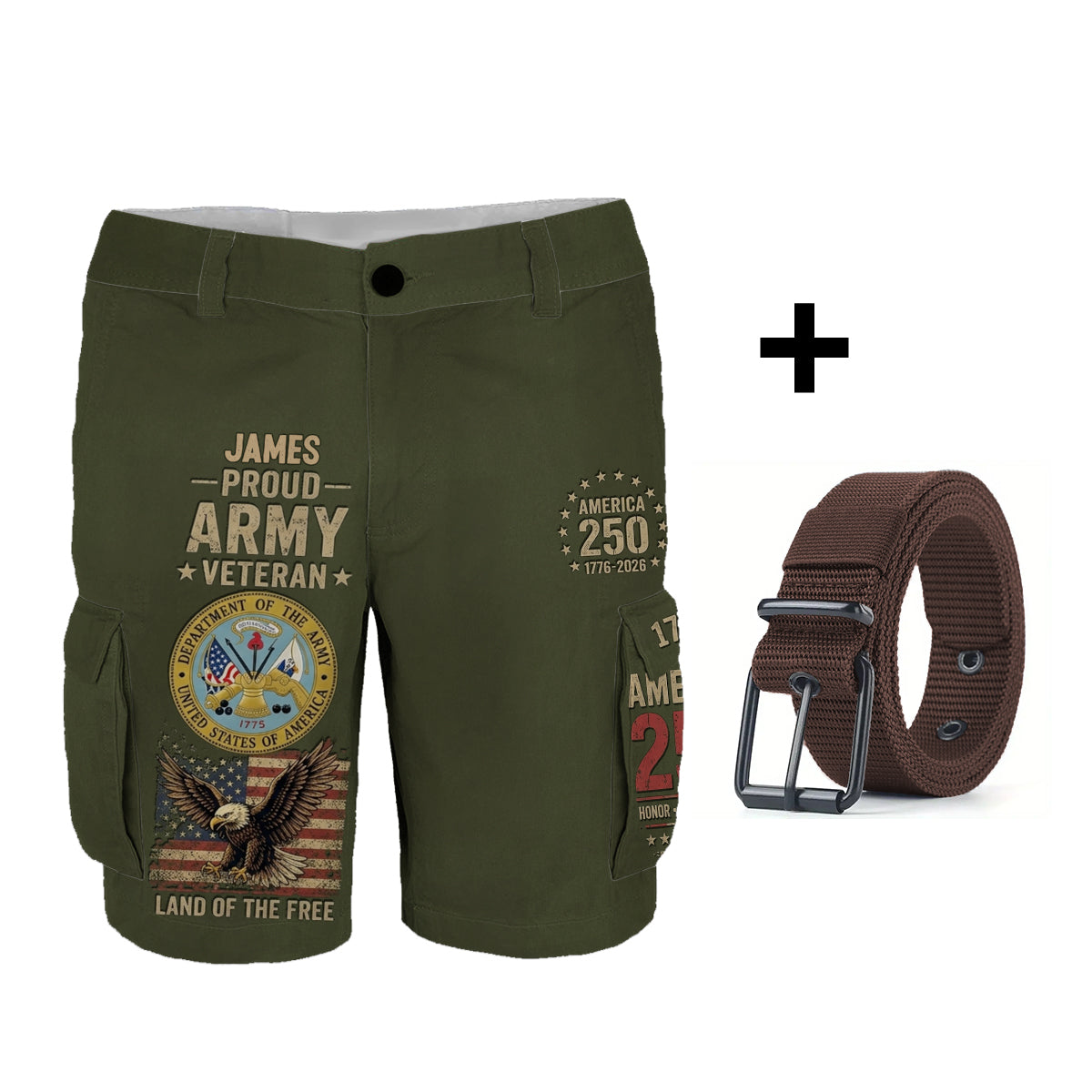 Veteran Proud, 250th Anniversary - Personalized Veteran Cargo Shorts With Belt