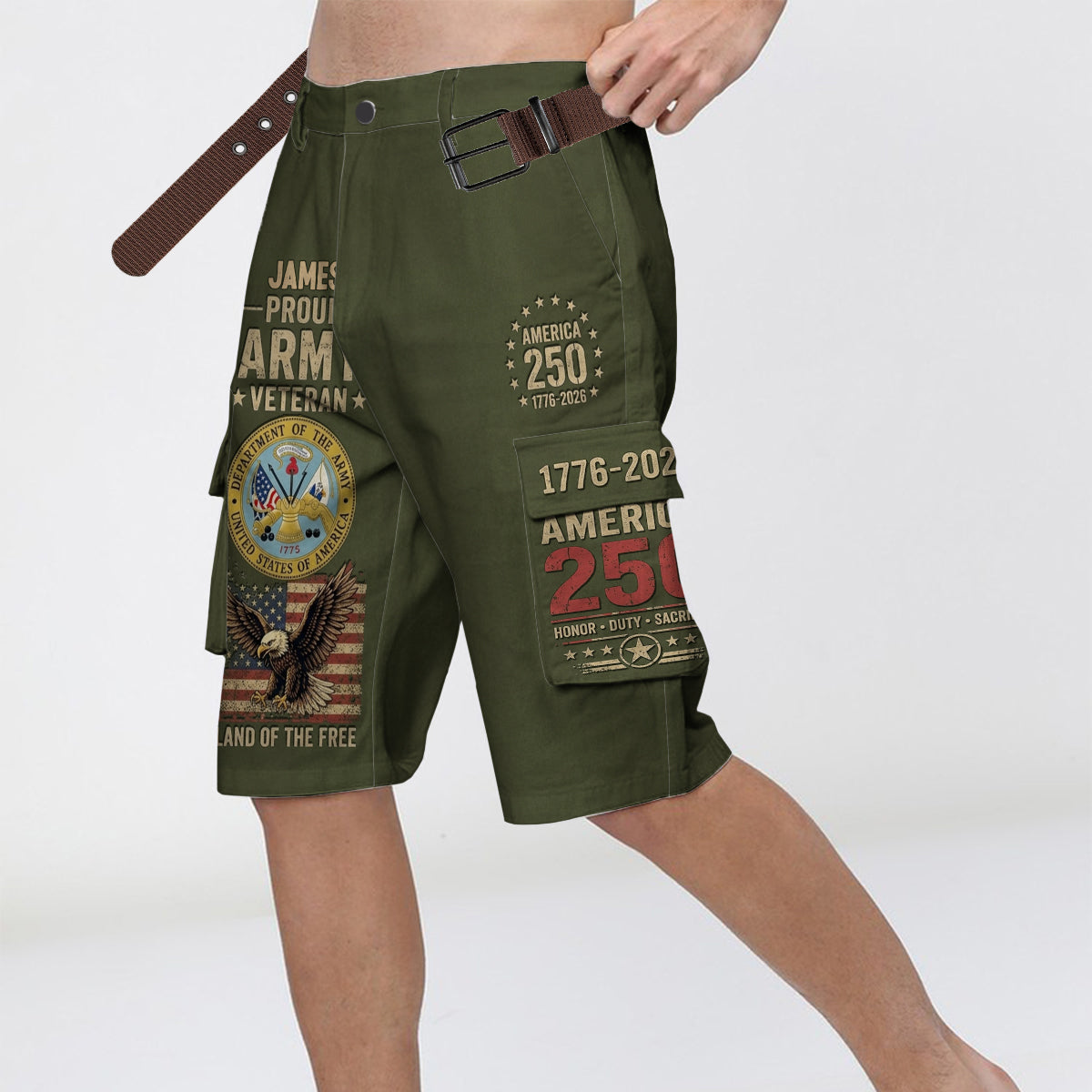 Veteran Proud, 250th Anniversary - Personalized Veteran Cargo Shorts With Belt