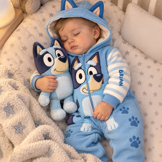 Cute Baby Gift - Personalized Blue Dog Hooded Jumpsuit