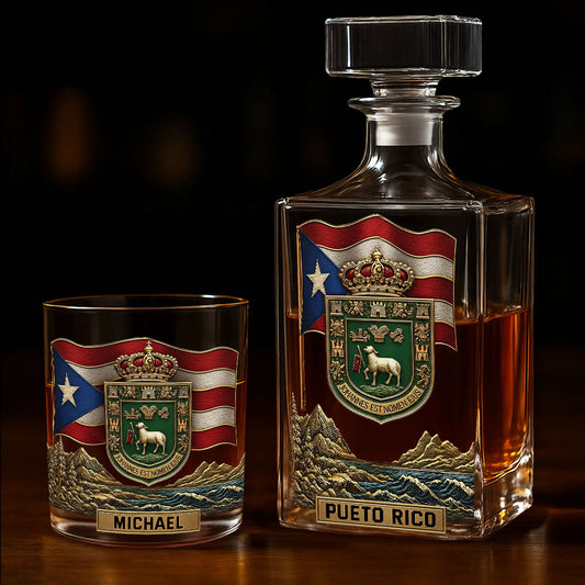 Puerto Rico Coat Of Arms, Joannes Est Nomen Ejus - Personalized Expats Whiskey Decanter Set