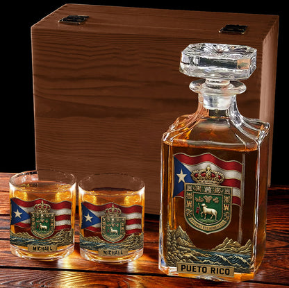 Puerto Rico Coat Of Arms, Joannes Est Nomen Ejus - Personalized Expats Whiskey Decanter Set